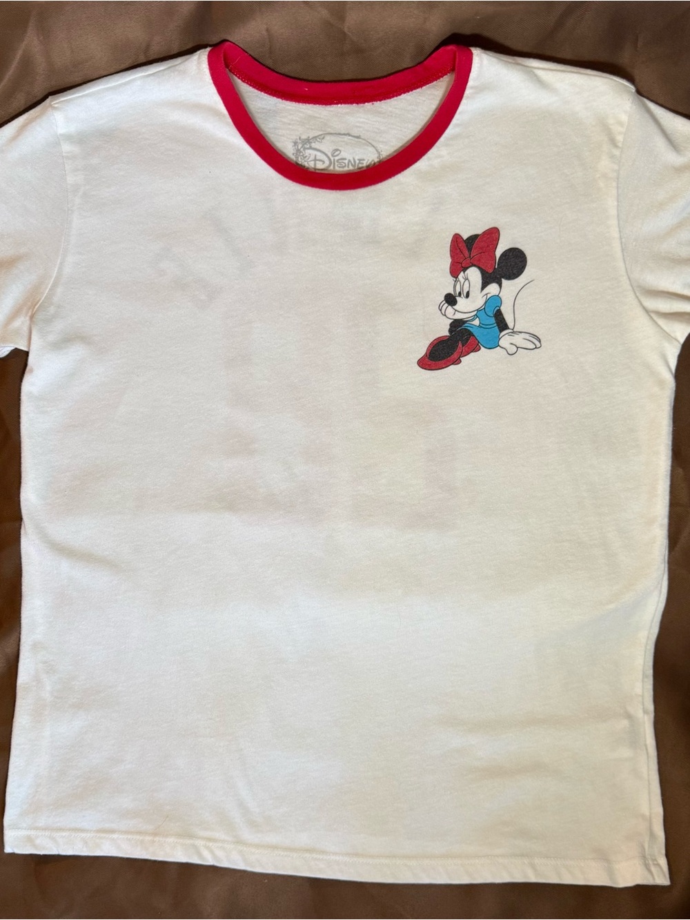 Disney White Tee with Minnie Mouse Chest Graphic and Red Trim